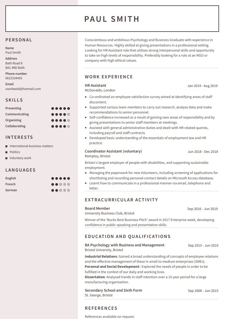 CV Template - CV example university graduate looking for HR role - Auckland template