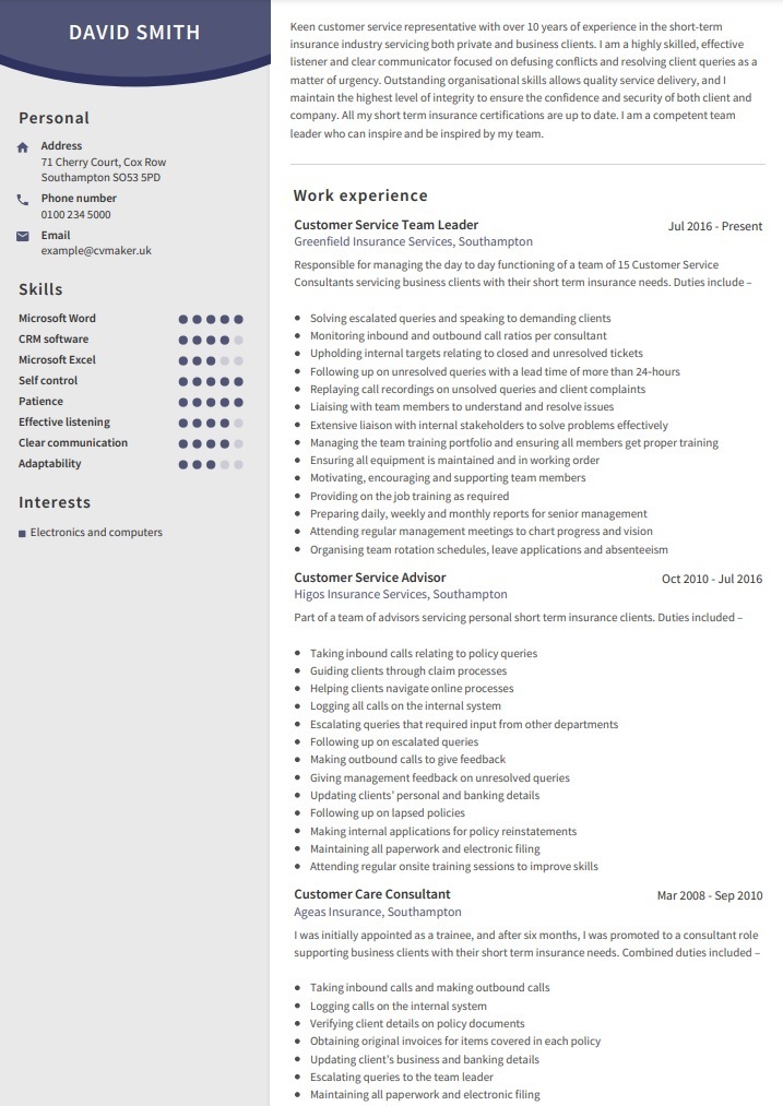 CV Template - CV example - Customer Service