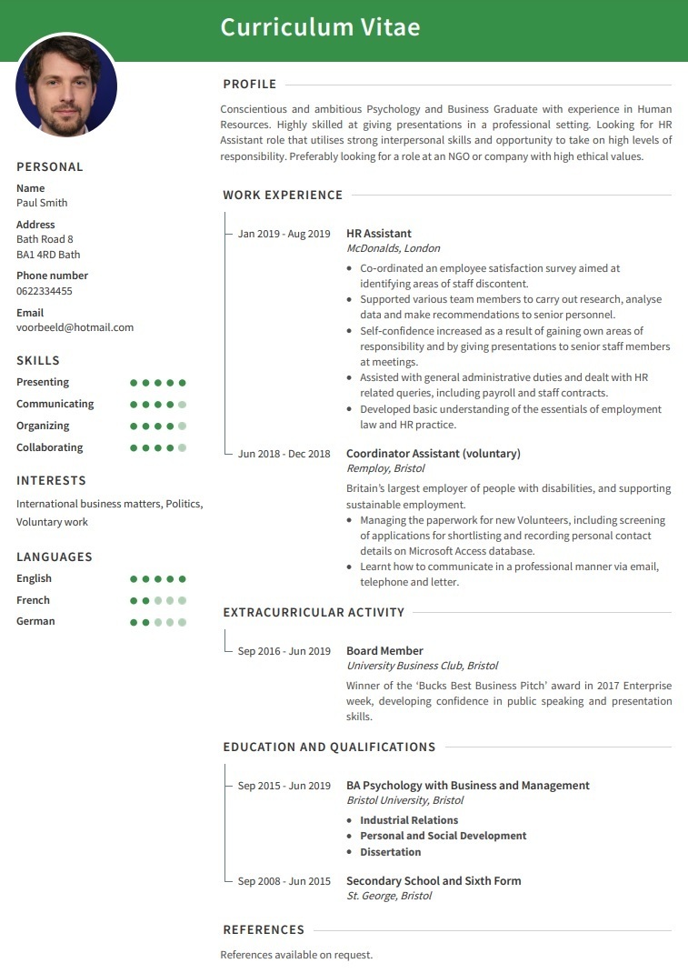 CV Template - CV example university graduate with photo - Cambridge template