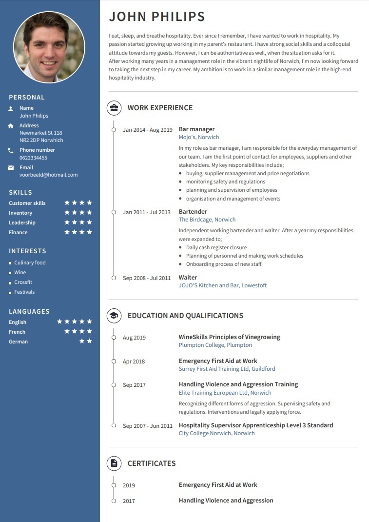 CV Template - CV example hospitality - Harvard template