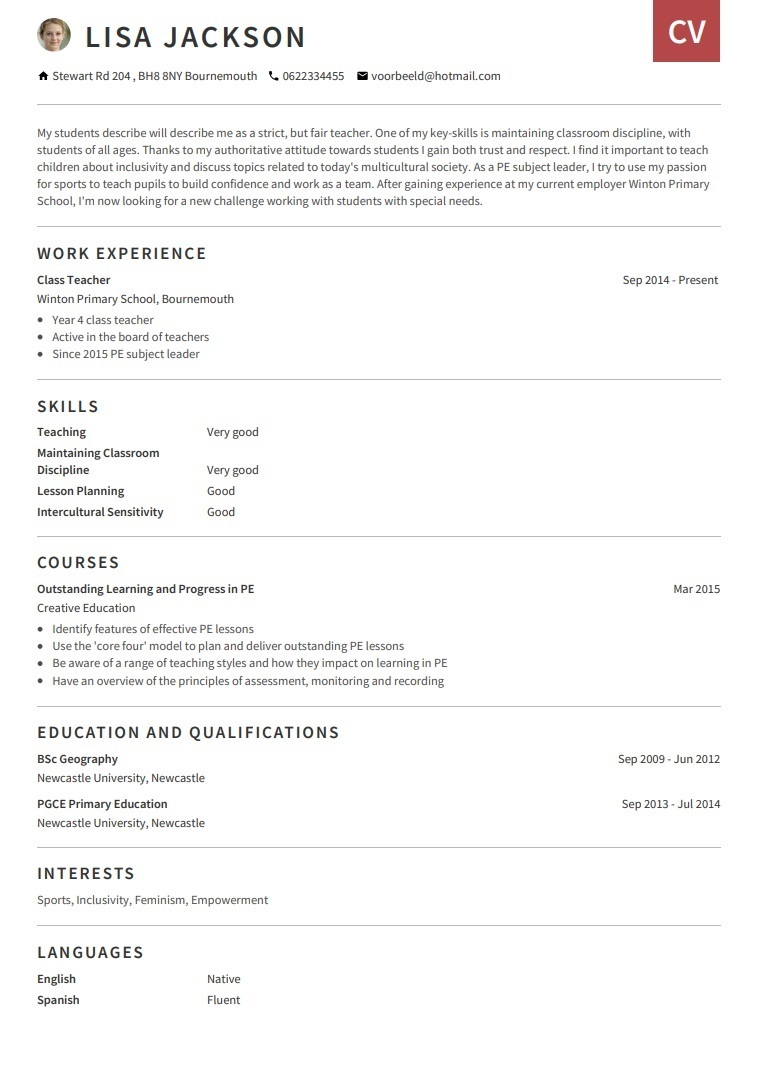 CV Template - CV example primary school teacher - Otago template